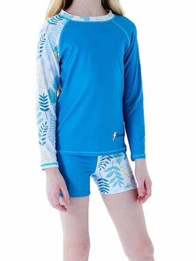 NWOT Girls' Teal Long-Sleeve Rash Guard Swim Set with Leaf Print